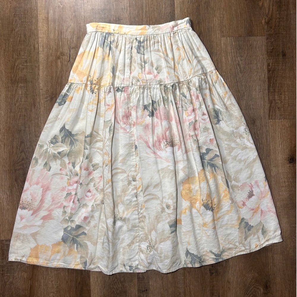 HM Floral Linen Blend Tiered Midi Skirt Cream Pink Yellow Boho Cottagecore Sz 6